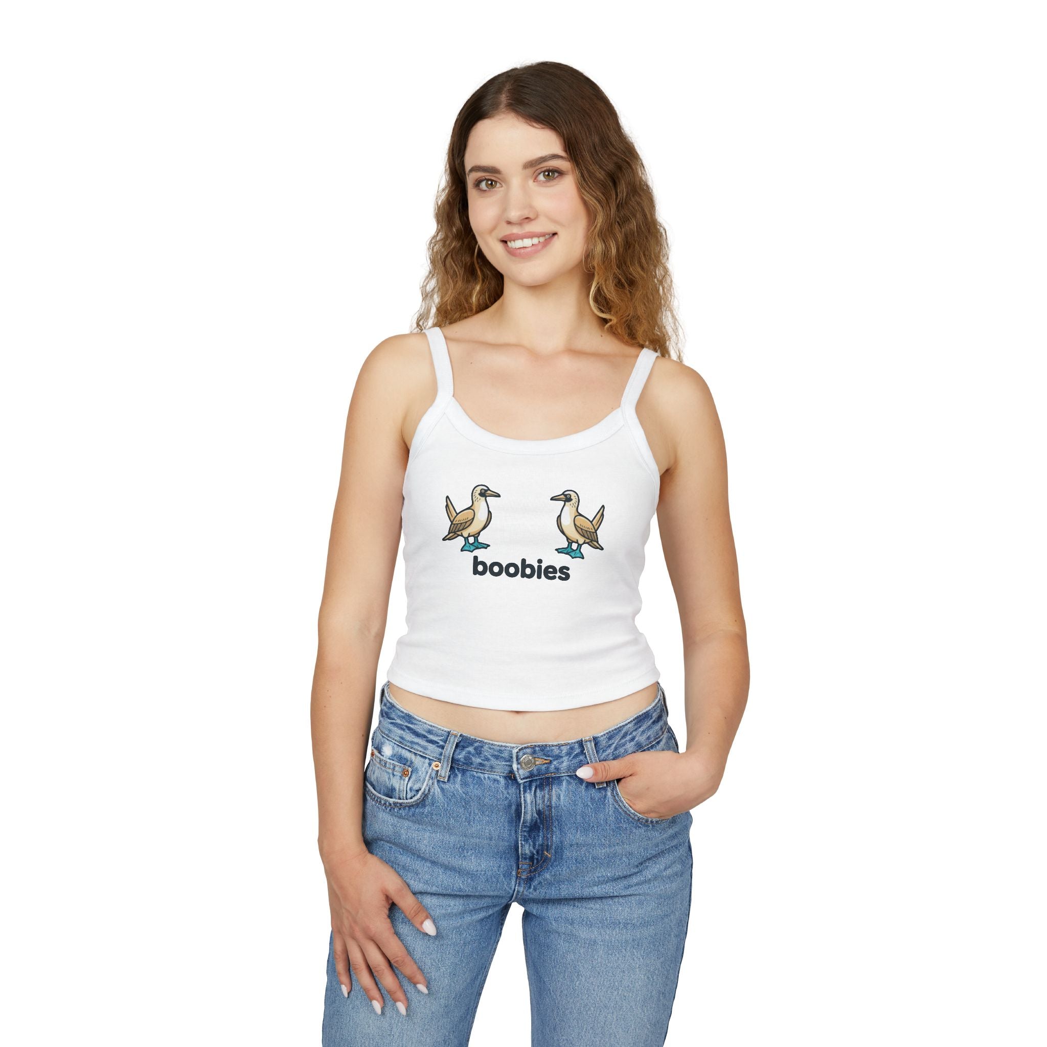 Boobies Funny Bird Graphic Tank Top – Blue Footed Boobies Shirt, Bird Lover Gift, Adult Humor Women’s Spaghetti Strap Crop