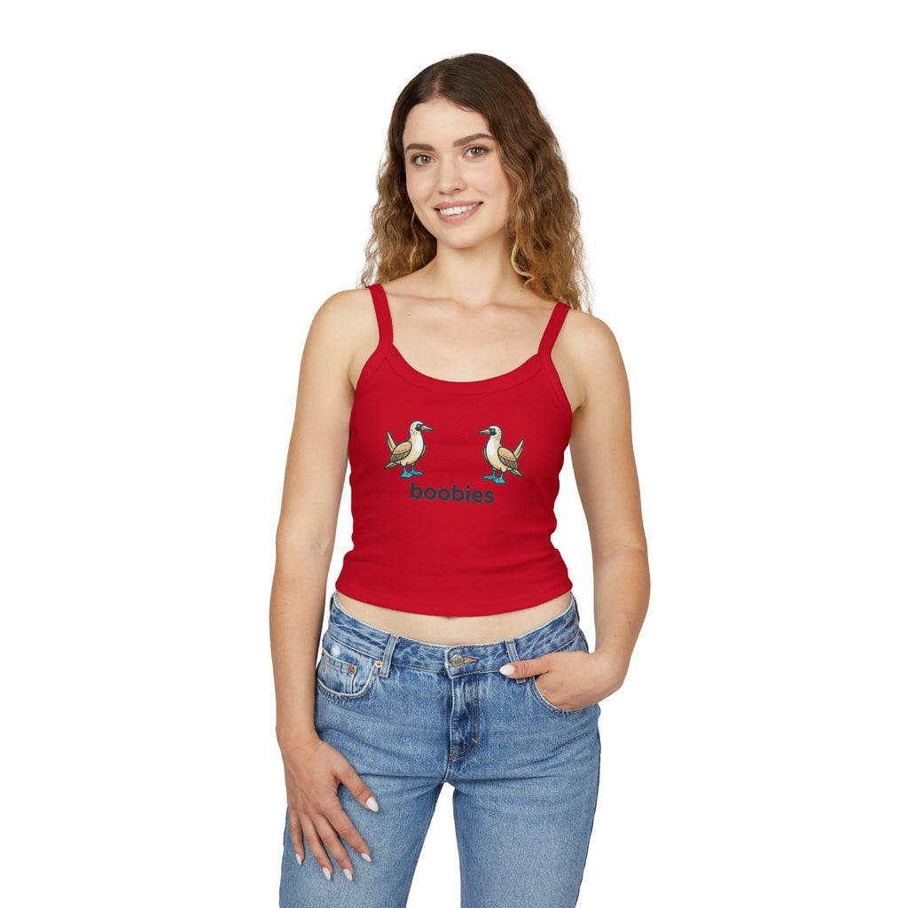 Boobies Funny Bird Graphic Tank Top – Blue Footed Boobies Shirt, Bird Lover Gift, Adult Humor Women’s Spaghetti Strap Crop