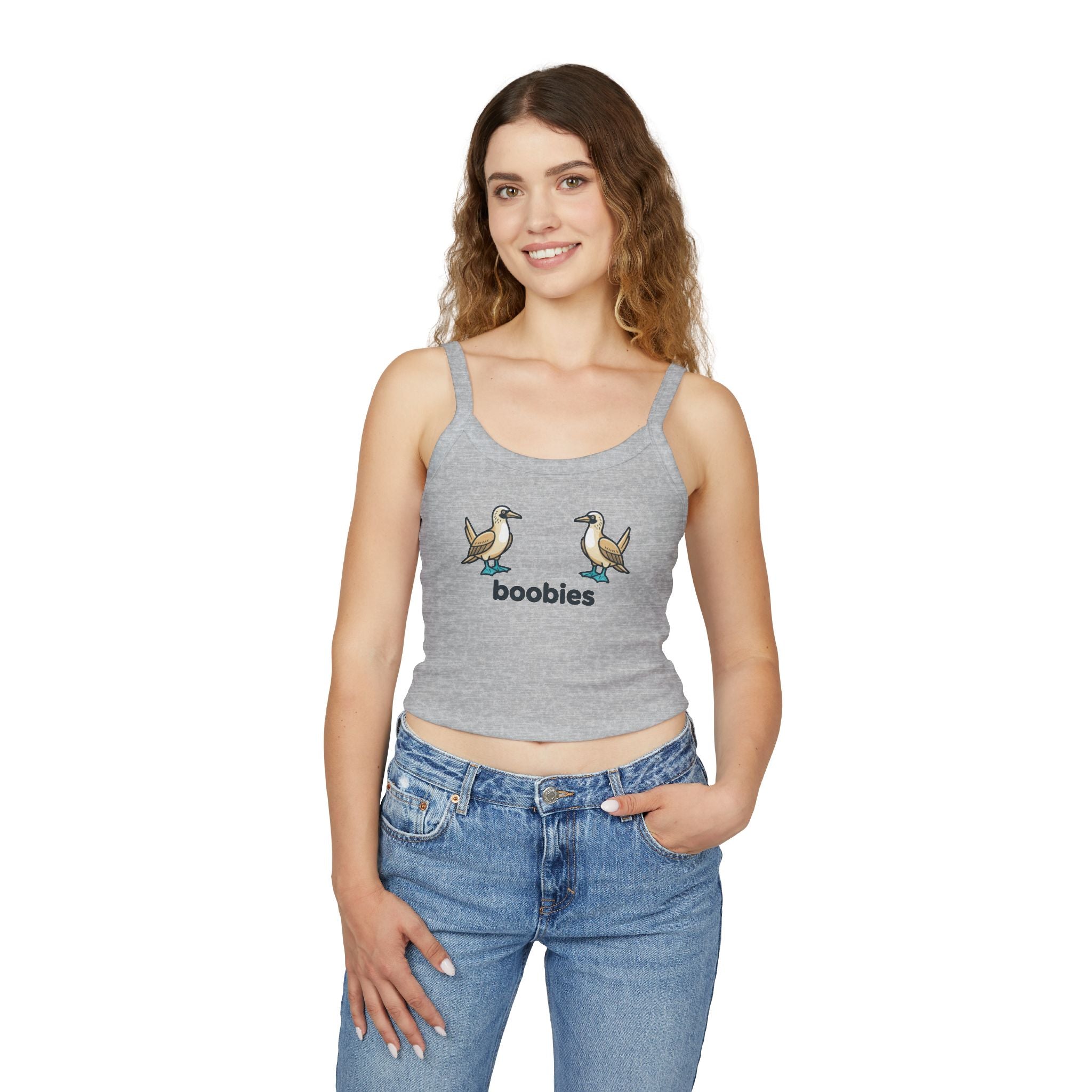 Boobies Funny Bird Graphic Tank Top – Blue Footed Boobies Shirt, Bird Lover Gift, Adult Humor Women’s Spaghetti Strap Crop