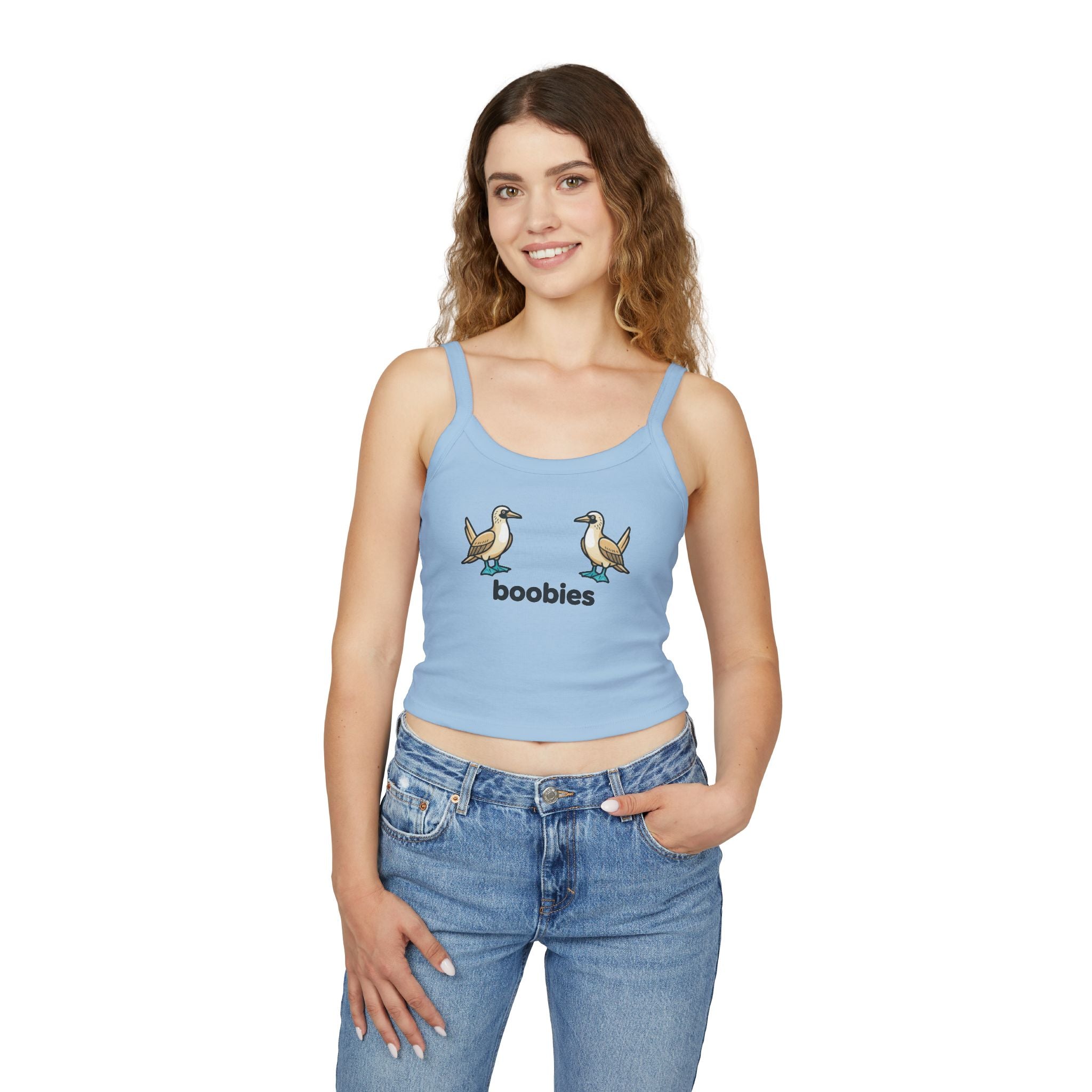 Boobies Funny Bird Graphic Tank Top – Blue Footed Boobies Shirt, Bird Lover Gift, Adult Humor Women’s Spaghetti Strap Crop
